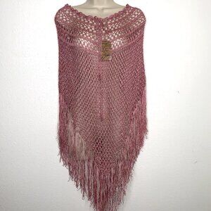 Cottagecore ROSE PINK Crochet Lace FRINGE SHAWL Handmade Poncho Whimsygoth Skirt